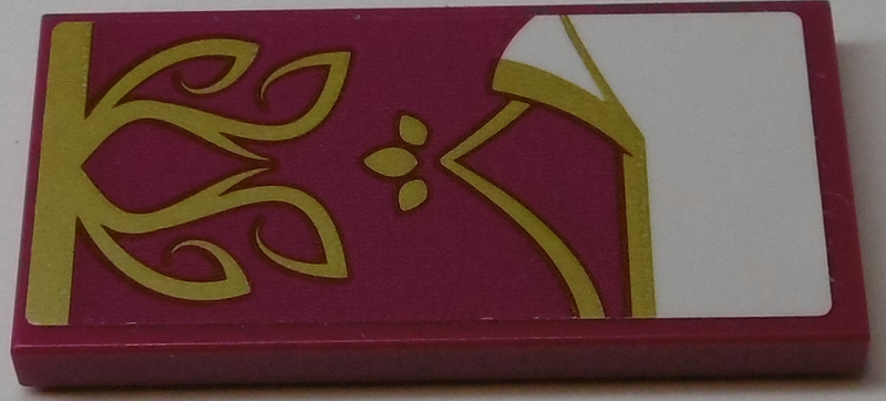 Lego Tile 2 x 4 with Bedspread with Gold Scrollwork and Corner Pulled Back Pattern (Sticker) - Set 41174 / Magenta