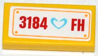 Lego Tile 1 x 2 with Medium Azure Heart and '3184 FH' Pattern (Sticker) - Set 3184 / Yellow