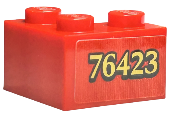 Lego Brick 2 x 2 Corner with Gold '76423' with Black Outline Pattern Model Left Side (Sticker) - Set 76423 / Red