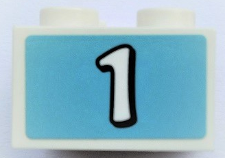 Lego Brick 2 x 2 with White Number 1 on Medium Azure Background Pattern (Sticker) - Set 41352