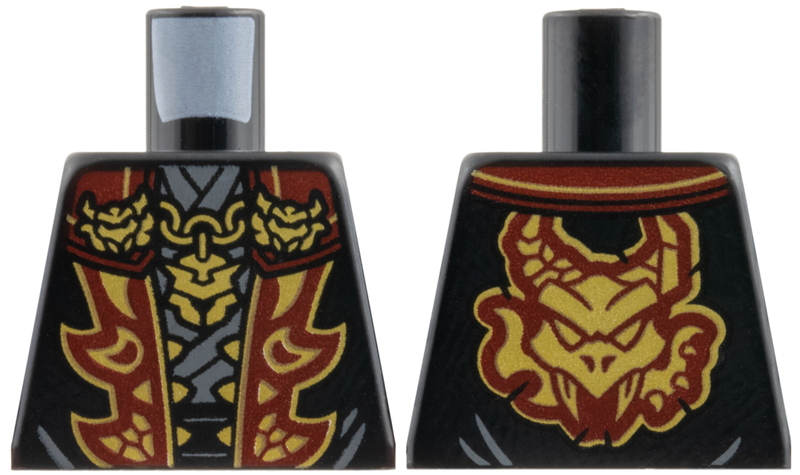 Lego Torso Robe with Dark Red Lapels, Gold Pendant, Brooches, and Trim, Dragon on Back Pattern / Black