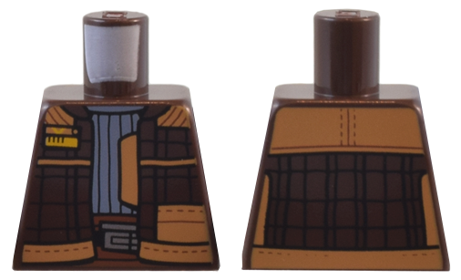 Lego Torso SW Vest Open with Medium Nougat Trim and Yellow Tag over Sand Blue Ribbed Shirt, Reddish Brown Belt with Silver Buckle Pattern / Dark Brown