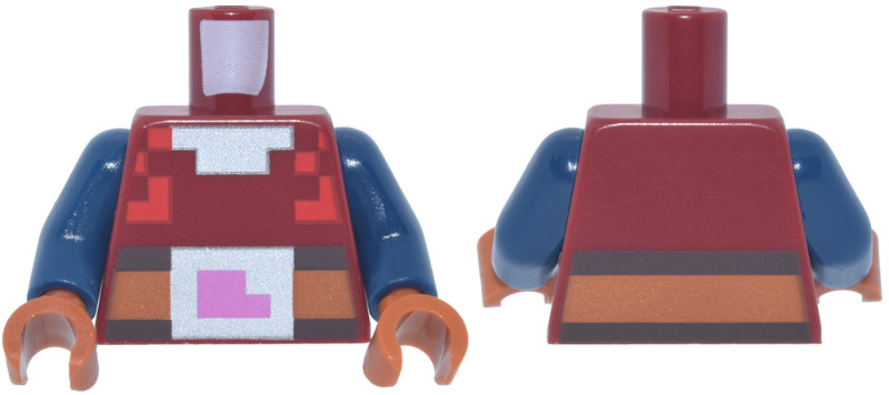 Lego Torso Pixelated Armor, Red Highlights, Dark Brown and Dark Orange Belt, Silver Collar and Dark Pink Buckle Pattern / Dark Blue Arms / Dark Orange Hands