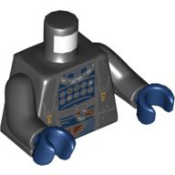 Lego Torso Jacket over Dark Blue Tunic, White Necklace, Reddish Brown Pouch, Straps Print, Black Arms, Dark Blue Hands