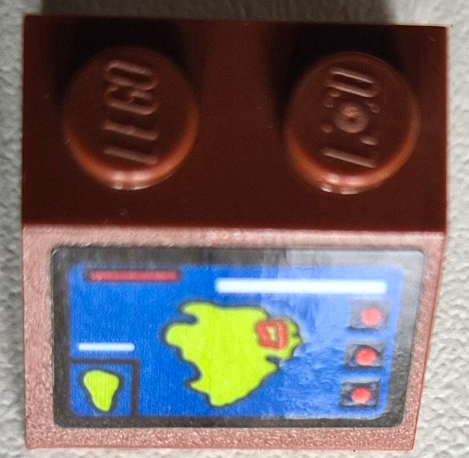 Lego Slope 45 2 x 2 with Screen with Blue and Lime Isla Nublar Map and Red Buttons Pattern (Sticker) - Set 76956 / Reddish Brown