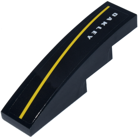 Lego Slope, Curved 4 x 1 with White 'OAKLEY' Logo and Yellow Stripe Pattern Model Right Side (Sticker) - Set 77245 / Black