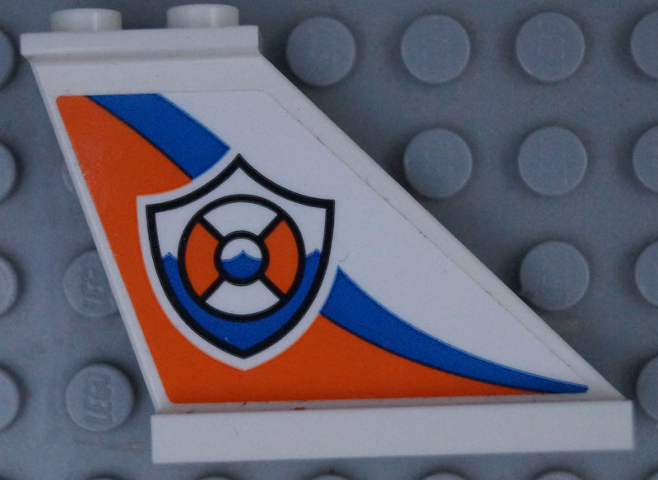 Lego Tail 4 x 1 x 3 with Coast Guard Logo on Orange and Blue Curved Stripes Pattern Model Right Side (Sticker) - Sets 60164 / 60168 / White