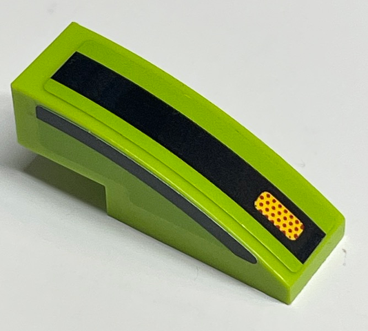 Lego Slope, Curved 3 x 1 with Yellow Headlight with Red Dots on Black Line on Lime Background Pattern Model Right Side (Sticker) - Set 75888