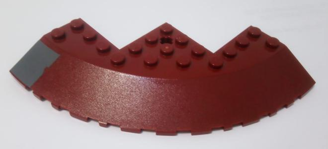 Lego Brick, Round Corner 10 x 10 with Slope 33 Edge, Axle Hole, Facet Cutout with Worn Dark Bluish Gray Rectangle Pattern Model Left Side (Sticker) - Set 75060 / Dark Red