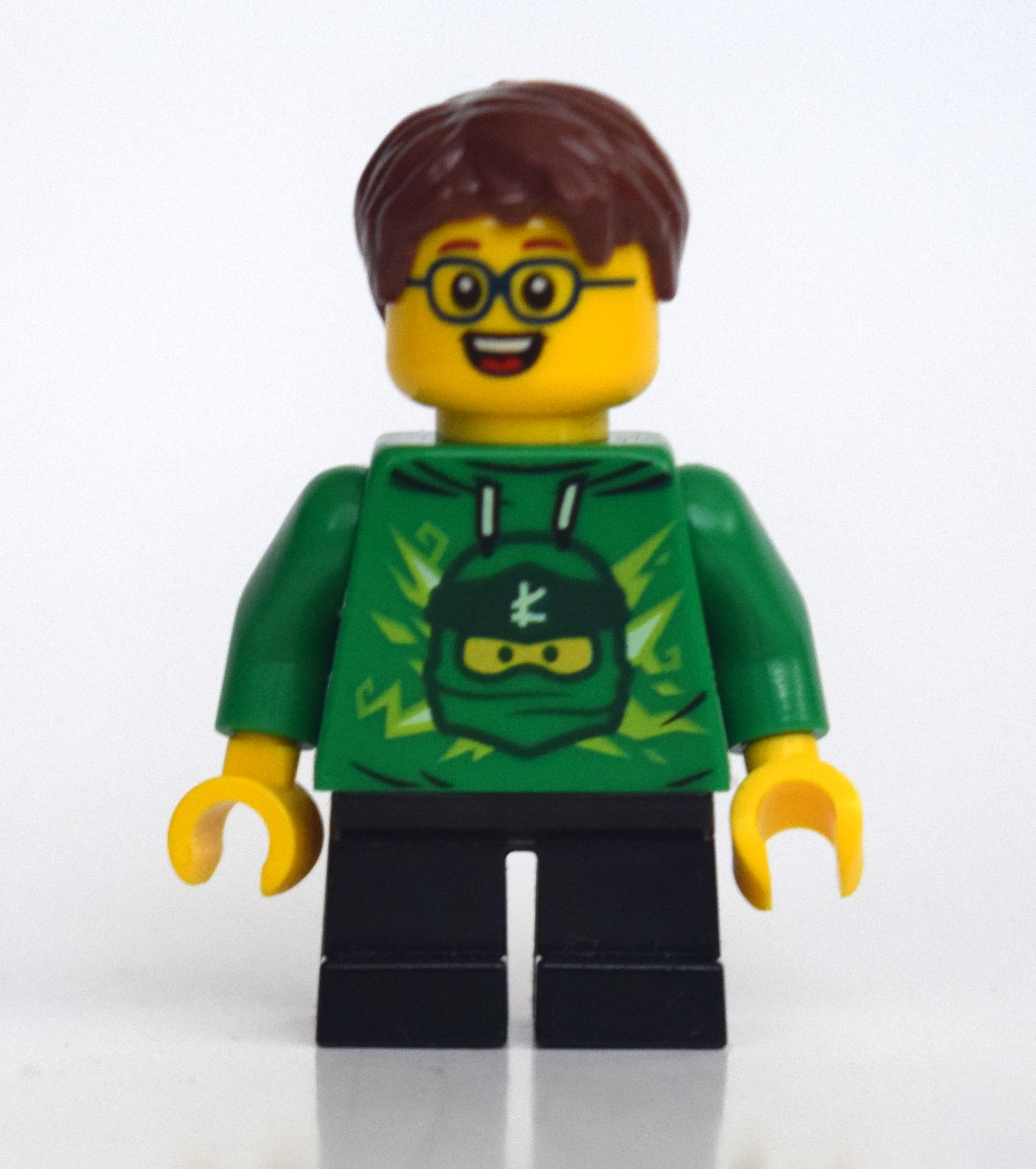 Lego Boy, Green Ninjago Hoodie, Short Black Legs, Reddish Brown Hair, Glasses