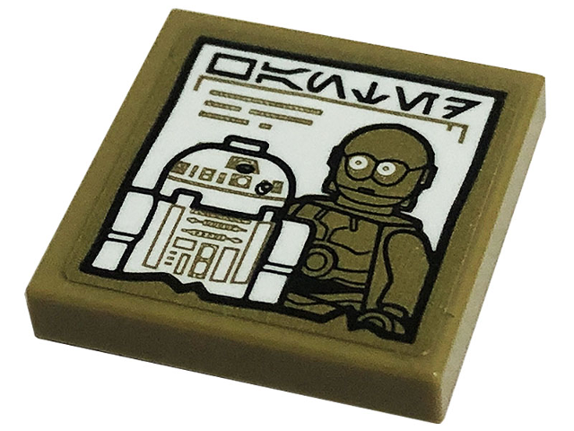 Lego Tile 2 x 2 with White Poster with R2-D2, C-3PO, and Aurebesh Characters 'WANTED' Pattern (Sticker) - Set 75290