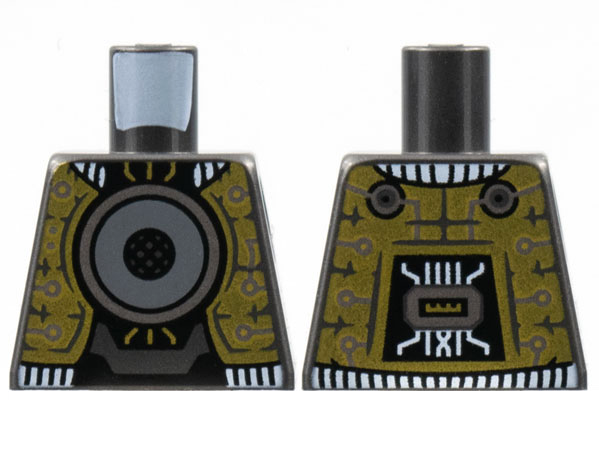 Lego Torso Gold Vest, Silver Circuitry, Large Dark Bluish Gray Speaker Dome Pattern / Pearl Dark Gray