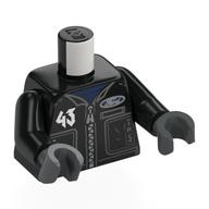 Lego Torso, Racing Jacket, Silver '43', 'BLOCK', Metal Blue 'DERELICT' on Black Print, Black Arms, Dark Bluish Gray Hands / Black