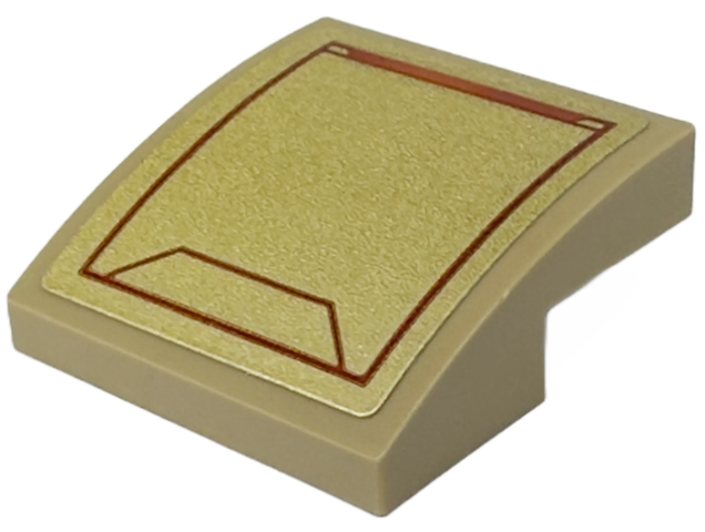 Lego Slope, Curved 2 x 2 x 2/3 with Gold Armor Plate with Dark Red Trapezoid and Edge Lines Pattern (Sticker) - Set 76247