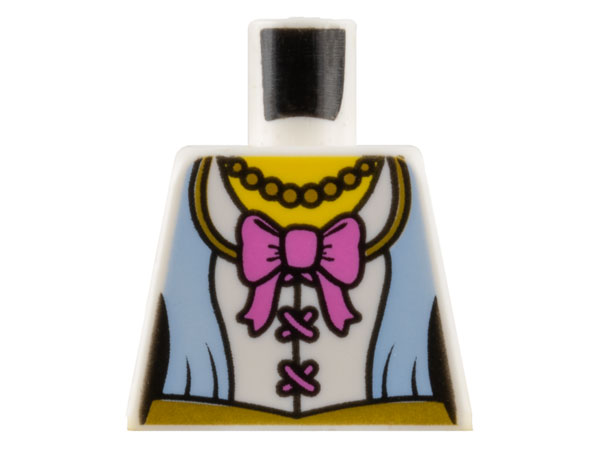 Lego Torso Female Corset Top with Bright Light Blue Panels and Gold Trim, Dark Pink Bow and Laces, Bead Necklace, Yellow Neck Pattern / White
