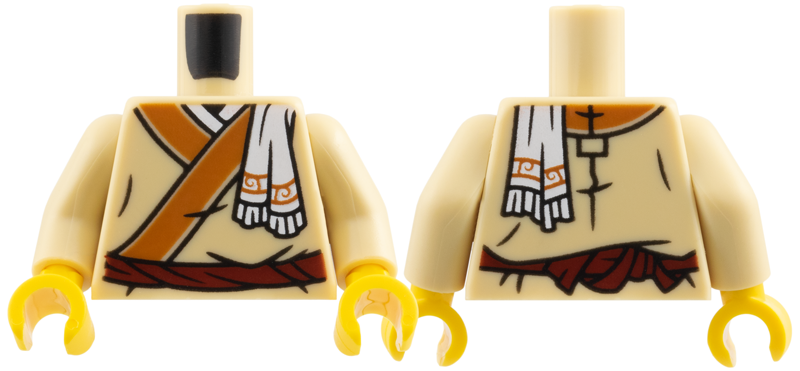 Lego Torso Tunic, Dark Orange Lapels, White Towel over Shoulder, Dark Red Belt Pattern / Tan Arms / Yellow Hands