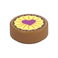 Lego Tile Round 1 x 1 with Cookie/Pie with Heart Print / Medium Nougat