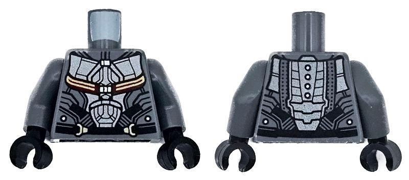 Lego Torso Armor with Dark Silver and Black Panels and Belt and Dark Red and Gold Straps Pattern / Dark Bluish Gray Arms / Black Hands