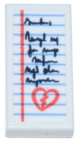Lego Tile 1 x 2 with Note Paper with Medium Blue Lines, Coral Margin and Broken Heart, Dark Blue Script Pattern (Sticker) - Set 42647 / White