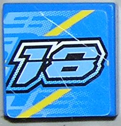 Lego Tile 2 x 2 with Medium Blue '18' and Yellow Lines Pattern (Sticker) - Set 8370 / Blue