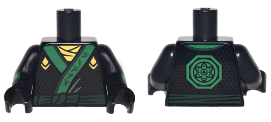 Lego Torso Ninjago Robe with Gold Scarf and Diamonds, Green Sash and Emblem Pattern / Black Arms with Diamonds and Green Cuffs Pattern / Black Hands