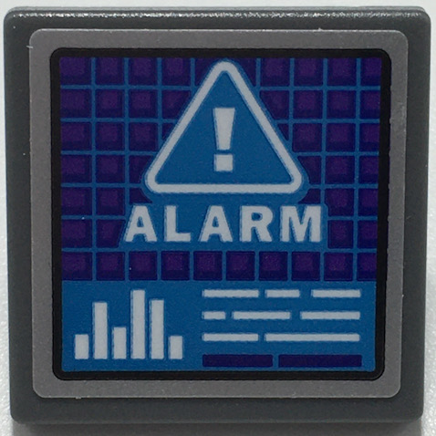 Lego Road Sign 2 x 2 Square with Open O Clip with Dark Purple Screen with Dark Azure Grid, White Warning Triangle, 'ALARM', and Bar Graph Pattern (Sticker) - Set 70424 / Dark Bluish Gray