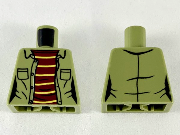 Lego Torso Female Jacket with Pockets and Dark Red Shirt with 6 Yellow Stripes Pattern / Olive Green