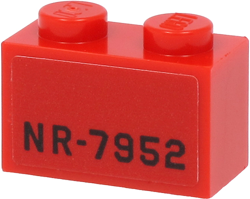 Lego Brick 1 x 2 with Black 'NR-7952' Pattern on Both Sides (Stickers) - Set 40450 / Red