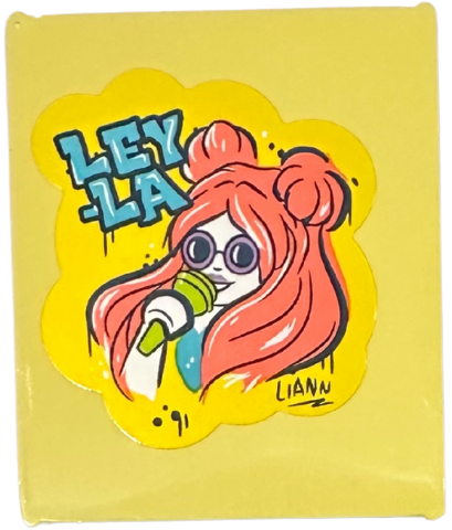 Lego Glass for Window 1 x 6 x 6 Flat Front with Medium Azure 'LEY-LA' Graffiti, Singer with Lime Microphone, Coral Hair and 'LIANN' Pattern (Sticker) - Set 42614