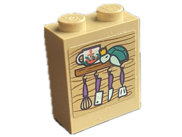 Lego Brick 1 x 2 x 2 with Inside Stud Holder with Medium Nougat Shelf and Wood Grain, Dark Turquoise Turtle, White Cup with Coral Anchor, and Medium Lavender Kitchen Utensils Pattern (Sticker) - Set 41716 / Tan