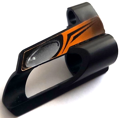 Lego Technic, Panel Fairing # 5 Small Short, Large Hole, Side A with Silver Oval, Orange Area Pattern (Sticker) - Set 8516 / Black