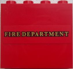 Lego Panel 1 x 4 x 3 with Side Supports - Hollow Studs with 'FIRE DEPARTMENT' Pattern (Sticker) - Set 9484 / Red