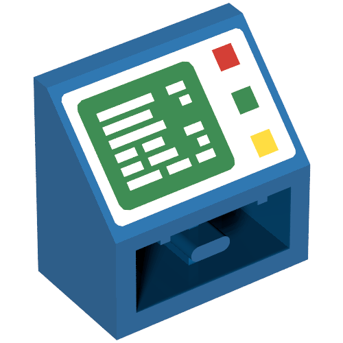 Lego Brick Sloped Inverted 45° 2 x 2 with Computer Screen and Right Side Buttons Print / Blue