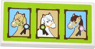 Lego Tile 2 x 4 with 3 Horse Portraits on Lime Backgound Pattern (Sticker) - Set 3185 / White