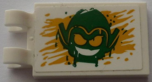Lego Tile, Modified 2 x 3 with 2 Open O Clips with Green Goblin Head on Yellow Painted Background Pattern (Sticker) - Set 76057
