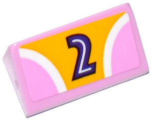 Lego Slope 30 1 x 2 x 2/3 with 2 Pink Quadrants, Curved White Stripes and Dark Purple Number 2 on Bright Light Orange Background Pattern (Sticker) - Set 41133 / Bright Pink