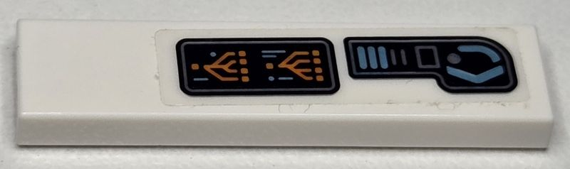 Lego Tile 1 x 4 with Black Control Panel and Screen with Dark Bluish Gray, Metallic Light Blue and Orange Buttons and Light Pattern Model Left Side (Sticker) - Set 76232 / White