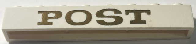 Lego Brick 1 x 8 without Bottom Tubes with Cross Side Supports with Dark Gold 'POST' Serif Bold Pattern / White