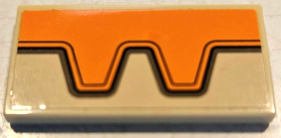 Lego Tile 2 x 4 with Orange Teeth, Black and Dark Orange Bent Lines and Dark Tan Outline Pattern (Sticker) - Set 75974 / Tan