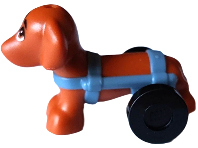 Lego Dog, Mini Doll Style, Dachshund with Sand Blue Wheelchair Harness with Black Wheels (Friends Pickle)