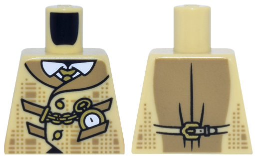 Lego Torso Plaid Vest with Dark Tan Collar and Pockets and Gold Watch and Chain over White Shirt with Collar Pattern / Tan