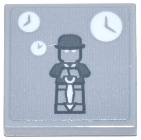 Lego Tile 2 x 2 with Dark Bluish Gray Clock King Minifigure with White Clocks and Clock Hand Pattern (Sticker) - Set 76271 / Light Bluish Gray