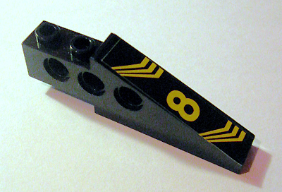 Lego Technic Slope 6 x 1 x 1 2/3 with Yellow '8' and Bent Stripes Pattern Model Left Side (Sticker) - Set 8425