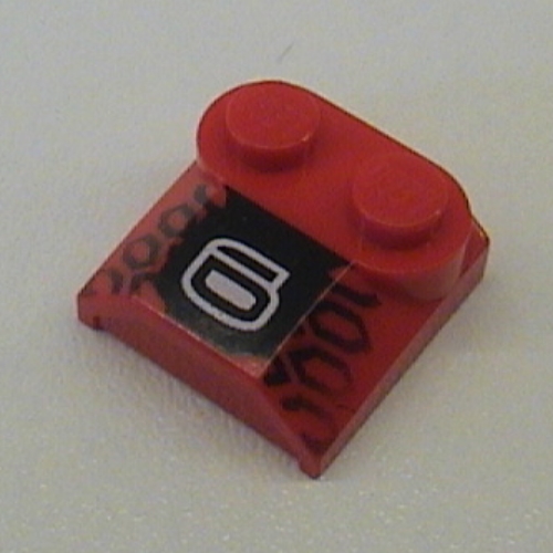 Lego Brick Curved 2 x 2 x 2/3 Two Studs and Lip End with 6 and Black Tyre Tread Print / Red