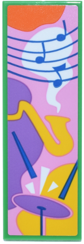Lego Tile 2 x 6 with Blue Music Notes, Lines and Drum Sticks, Cymbal and Saxophone on Yellow, Bright Pink, Orange and Medium Lavender Background Pattern (Sticker) - Set 42653