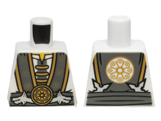 Lego Torso Ninjago Robe with Gray and Gold Trim, Silver Dragons and Gold Flower Symbols Pattern / White