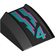 Lego Slope Curved 2 x 2 with Lip, No Studs, Dark Pink and Dark Turquoise Lines and '4' Print / Black