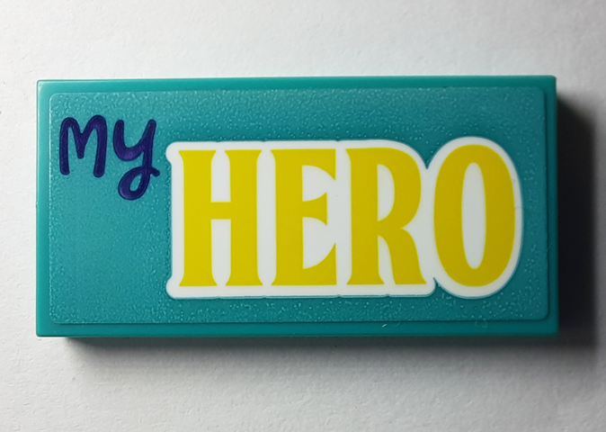 Lego Tile 2 x 4 with Dark Purple 'My', Yellow 'HERO' on White Background Pattern (Sticker) - Set 40385