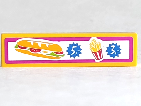 Lego Tile 1 x 4 with Menu with Sandwich and French Fries on White Background with Magenta Border Pattern (Sticker) - Set 41058 / Yellow