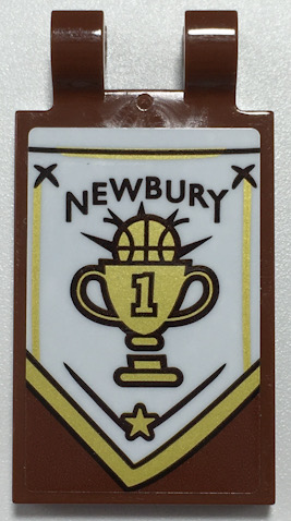 Lego Tile, Modified 2 x 3 with 2 Open O Clips with Black 'NEWBURY' and Gold Basketball Trophy on White Banner Pattern Model Left Side (Sticker) - Set 70425 / Reddish Brown